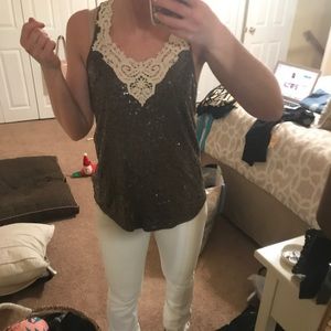 Dark green Express tank top with lace and sequins